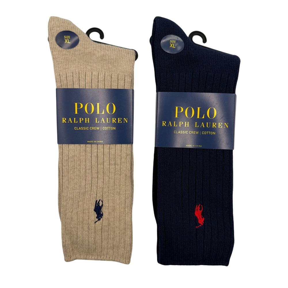 Polo Ralph Lauren Socks Men XL Navy Grey NWT Classic Crew Cotton 2 Pair Lot